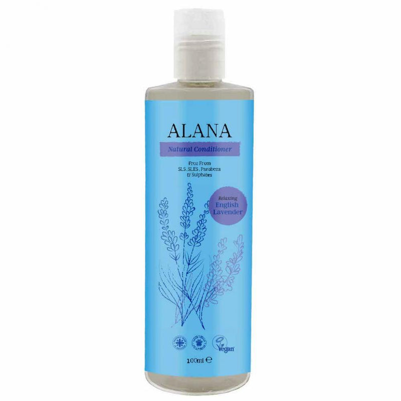 Alana Natural Conditioner Relaxing English Lavender 100ml travel size bottle, creamy conditioner with lavender scent and soothing formula.