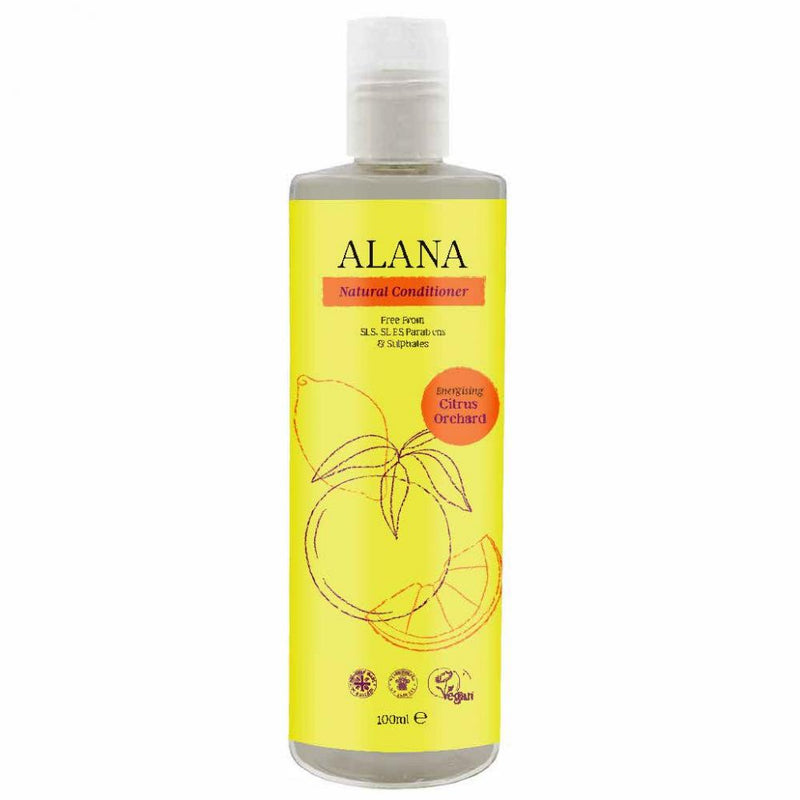 Alana Natural Conditioner Energising Citrus Orchard 100ml travel size bottle with citrus fruit and botanical ingredients.