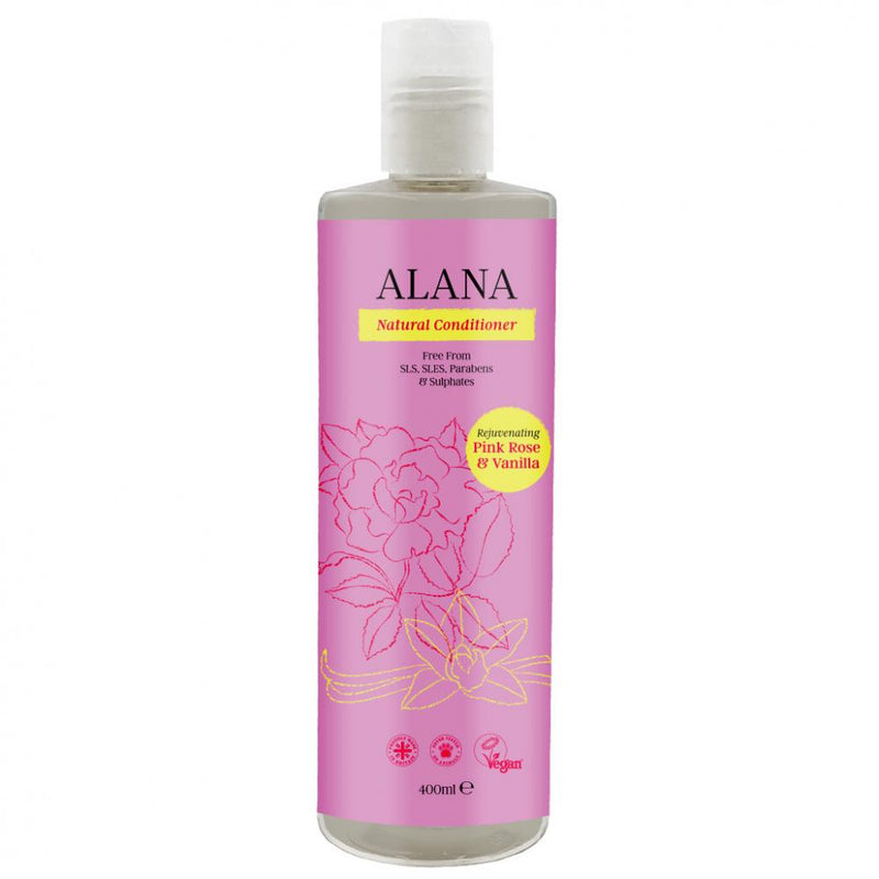 Alana Natural Conditioner with Pink Rose and Vanilla in 400ml bottle, creamy conditioner for nourishing hair.