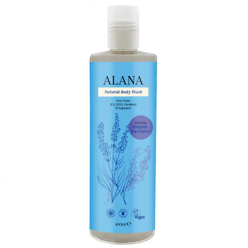 Alana Natural Body Wash English Lavender in 400ml bottle, skin care product with lavender scent and gentle cleanser for skin.