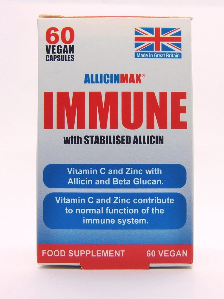 AllicinMax Immune vitamins and supplements bottle with 60 capsules, featuring a white and green label and supplement branding.