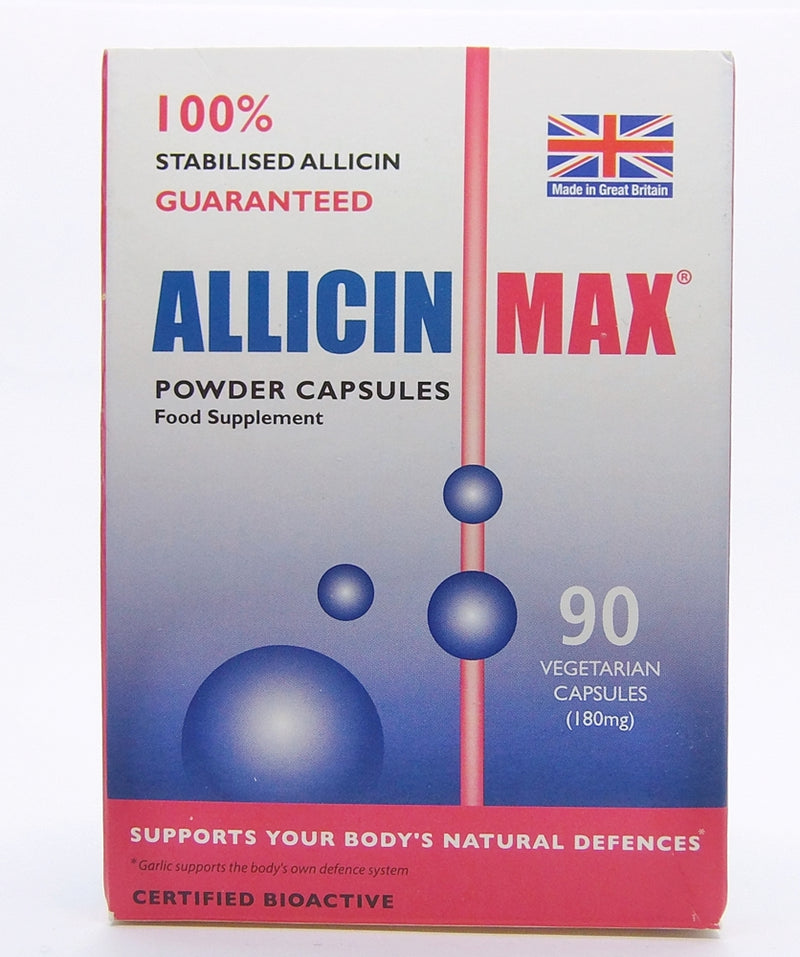 Allicin Max vitamin supplement bottle with 90 capsules, natural garlic extract supplement for immune support and health.
