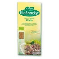 A Vogel bioSnacky alfalfa sprouting seeds in a clear jar, ready for sprouting, on a neutral background.