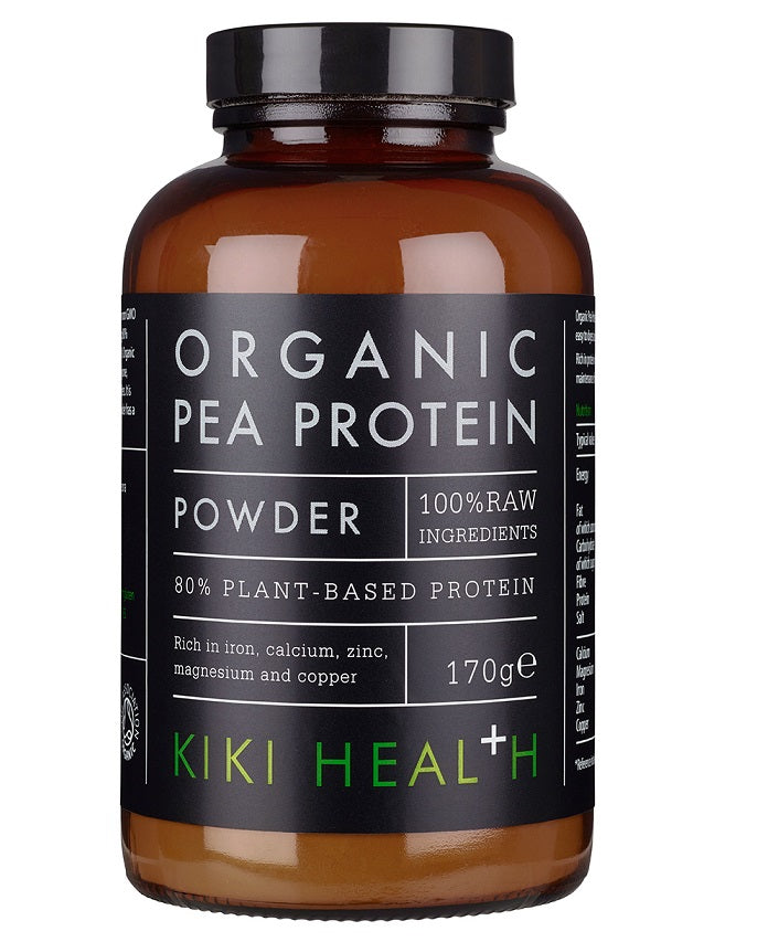 Organic KIKI Health Pea Protein powder in a 170g jar, showcasing the label and product packaging for vitamins and supplements.
