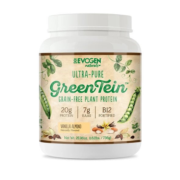 Evogen GreenTein grain-free vanilla almond plant protein powder in a 690g container, showcasing the product packaging and flavor.