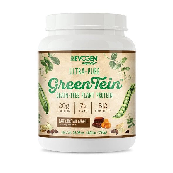 Evogen GreenTein grain-free plant protein in dark chocolate caramel flavor, 736g, showing the protein powder packaging.