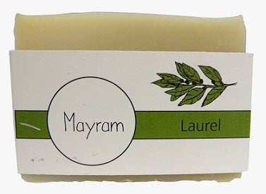 Mayram Handmade Laurel Soap bar, 100g, with natural ingredients and rustic design, showcasing its handmade craftsmanship.