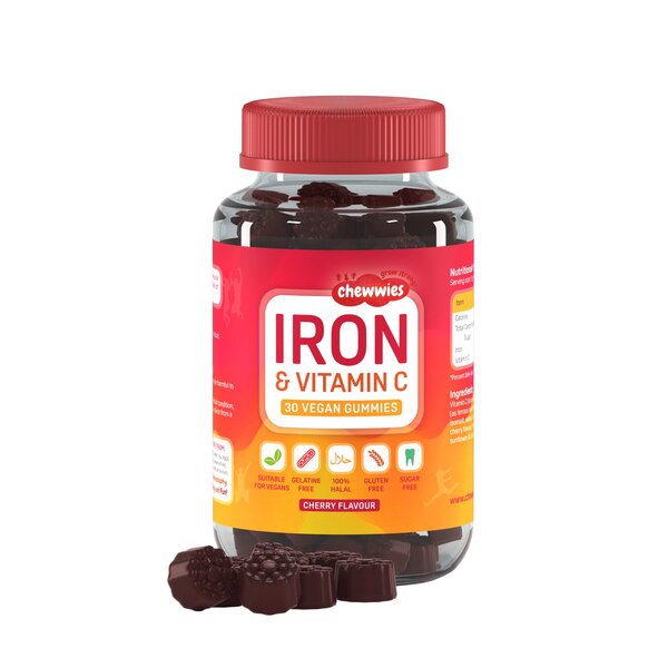 Chewwies Iron and Vitamin C cherry-flavored vegan gummies, dietary supplement for immune support and iron intake.