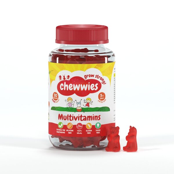 Chewwies Berry Multivitamins, 30 chewable vitamins and supplements for daily health support, featuring colorful berry-flavored gummies.