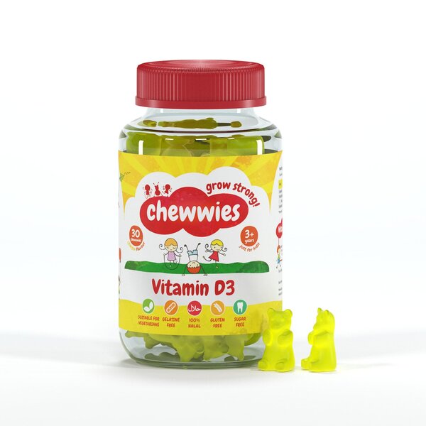 Chewwies Vitamin D3 Lemon chews, supplement for immune support, 30 soft chews in a natural lemon flavor.