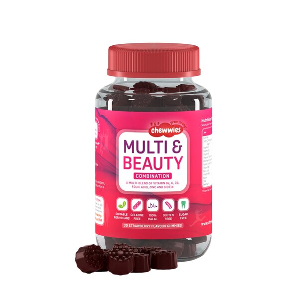 Chewwies Multi & Beauty Strawberry gummies, vitamins and supplements in a clear container, featuring colorful strawberry-flavored gummies.