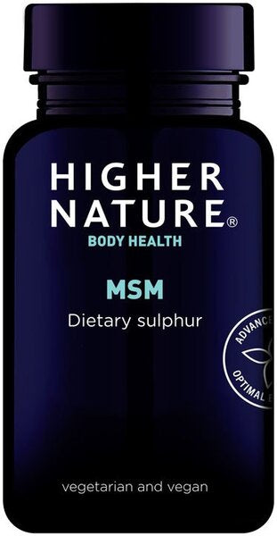Higher Nature MSM vitamins in a bottle with 90 tablets, dietary supplement for joint and skin health.