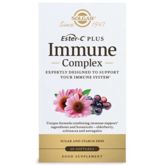 Solgar Ester-C Plus Immune Complex softgels, dietary vitamins and supplements for immune support, in a clear bottle.