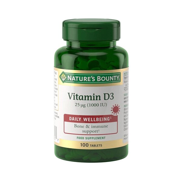 Natures Bounty Vitamin D3 25mcg supplement bottle with 100 tablets, showing the label and tablets inside the bottle.