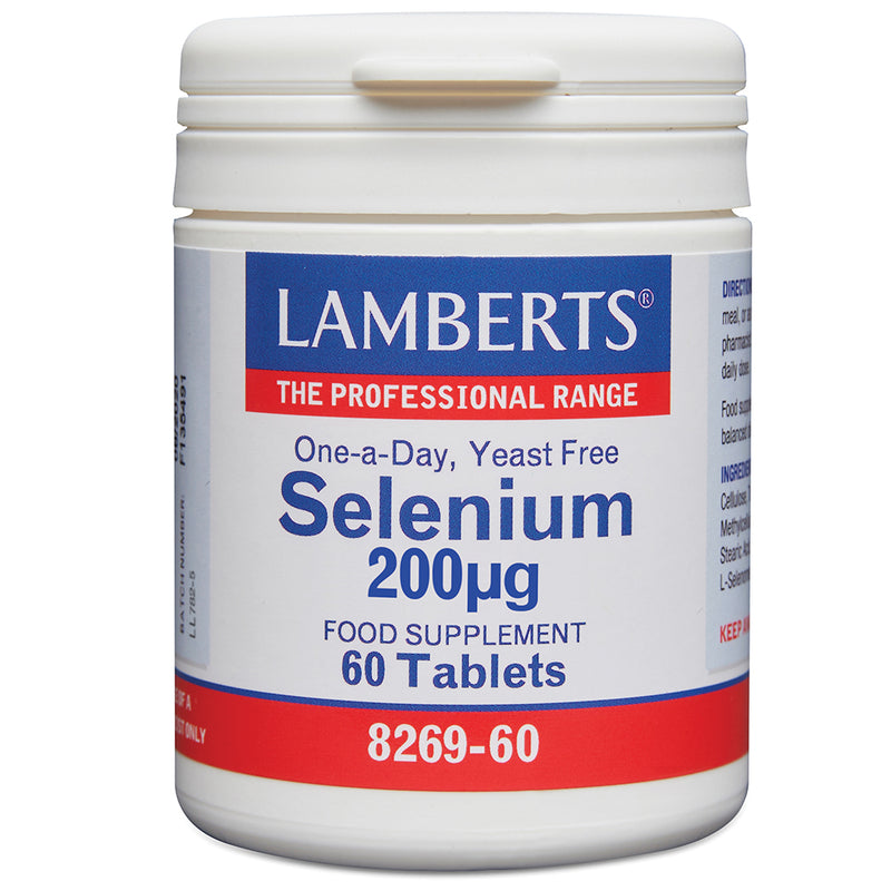Lamberts Selenium 200mcg supplement bottles, showing 60 capsules of vitamins and supplements for immune support.