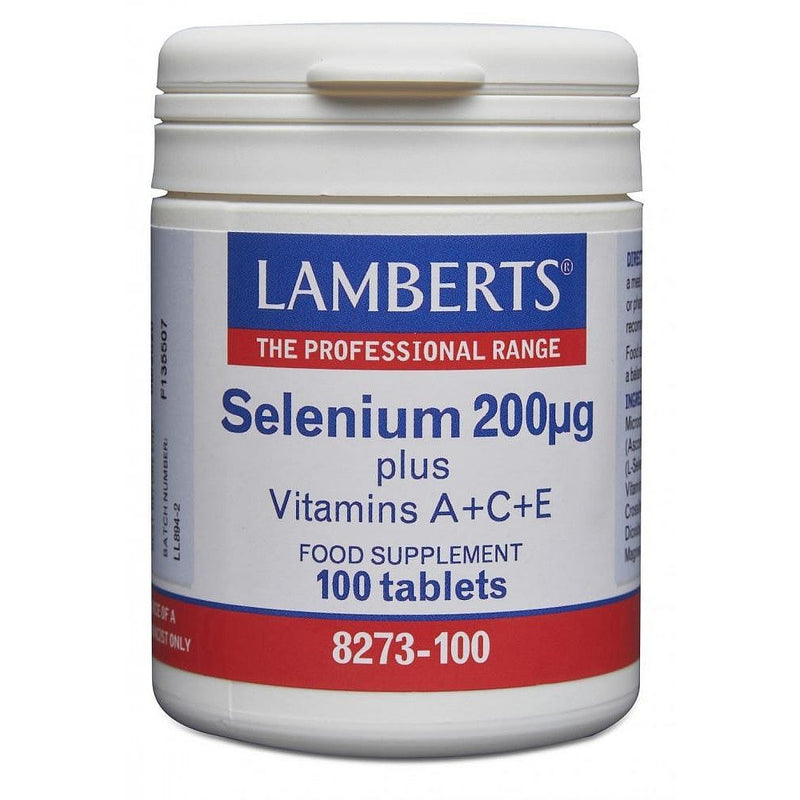 Lamberts Selenium 200μg supplement with vitamins A, C, and E in a bottle of 100 capsules, natural dietary supplement for antioxidant support.