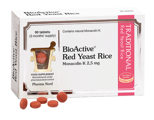 Pharma Nord Cholessin Red Yeast Rice supplement bottles showing label with red yeast rice capsules on a white background.