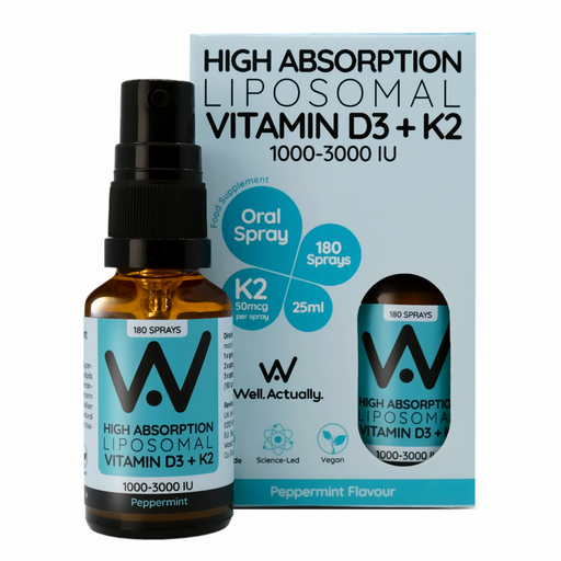 Well.Actually. High Absorption Liposomal Vitamin D3 + K2 1000-3000IU Oral Spray Peppermint 25ml - Dennis the Chemist